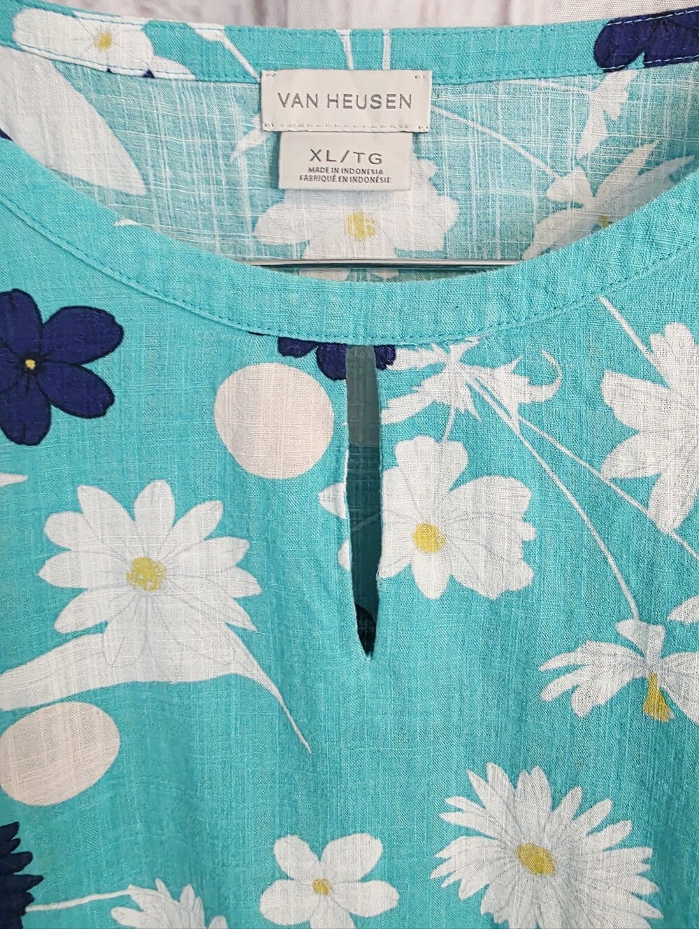 Van Heusen Floral Cotton Blend Peasant Blouse XL Aqua Blue White - Picture 5 of 8